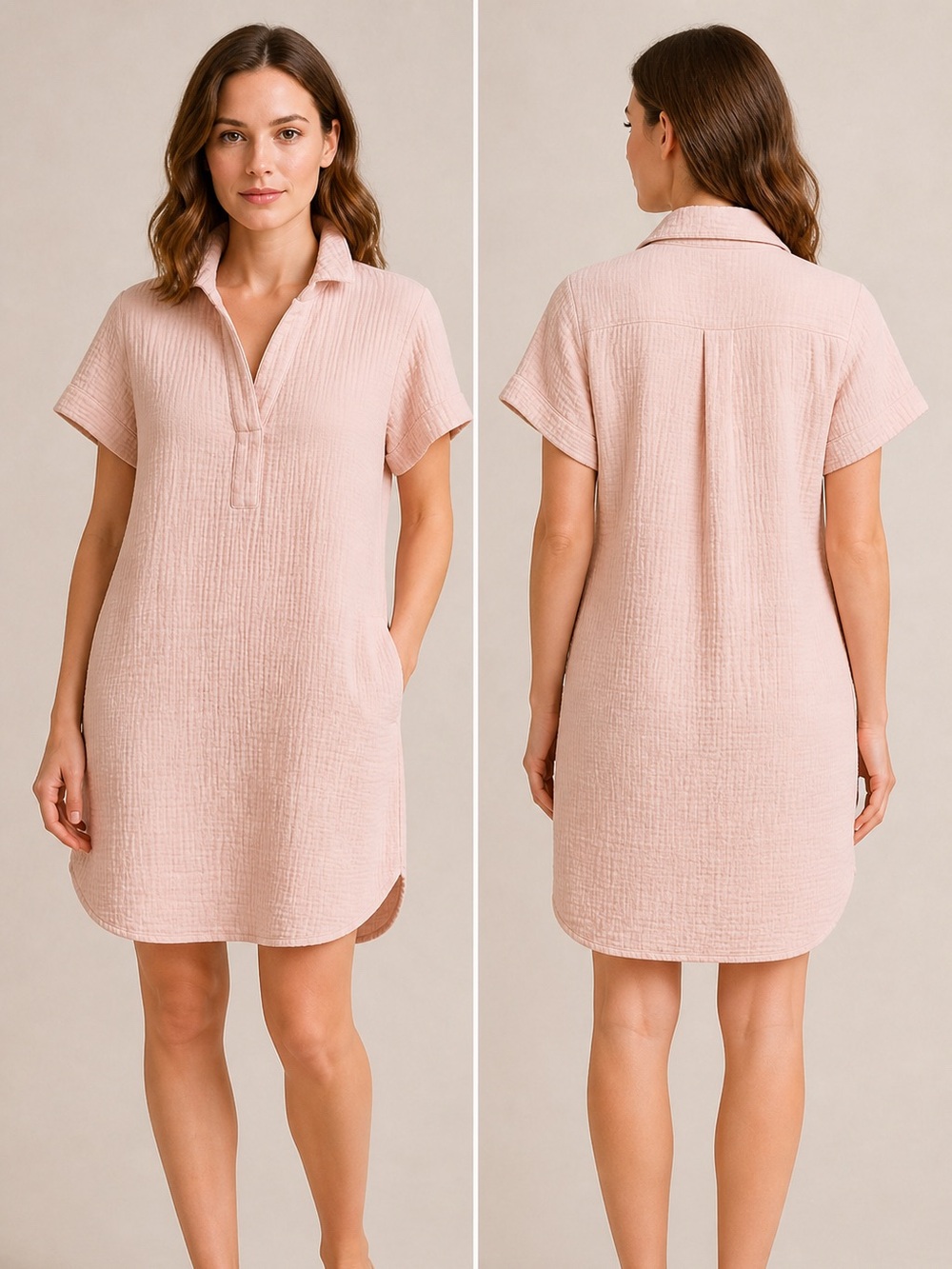 Three Dots Womens Pink Dress Double Gauze 100% Cotton Textured Pockets Size M